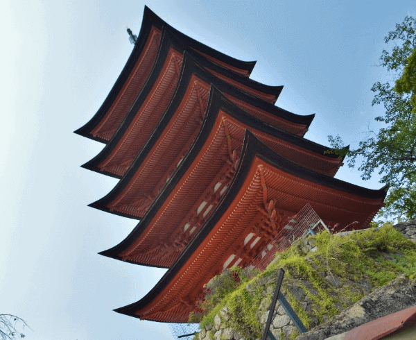 The orange 5-story pagoda on Miyajima Island