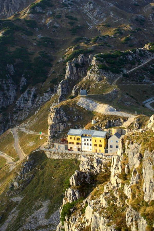 birdseye view of a colorful refuge surrounded by rugged mountains