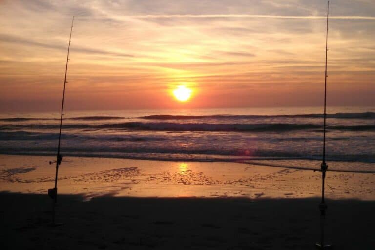 Fishing poles in the sand at sunset