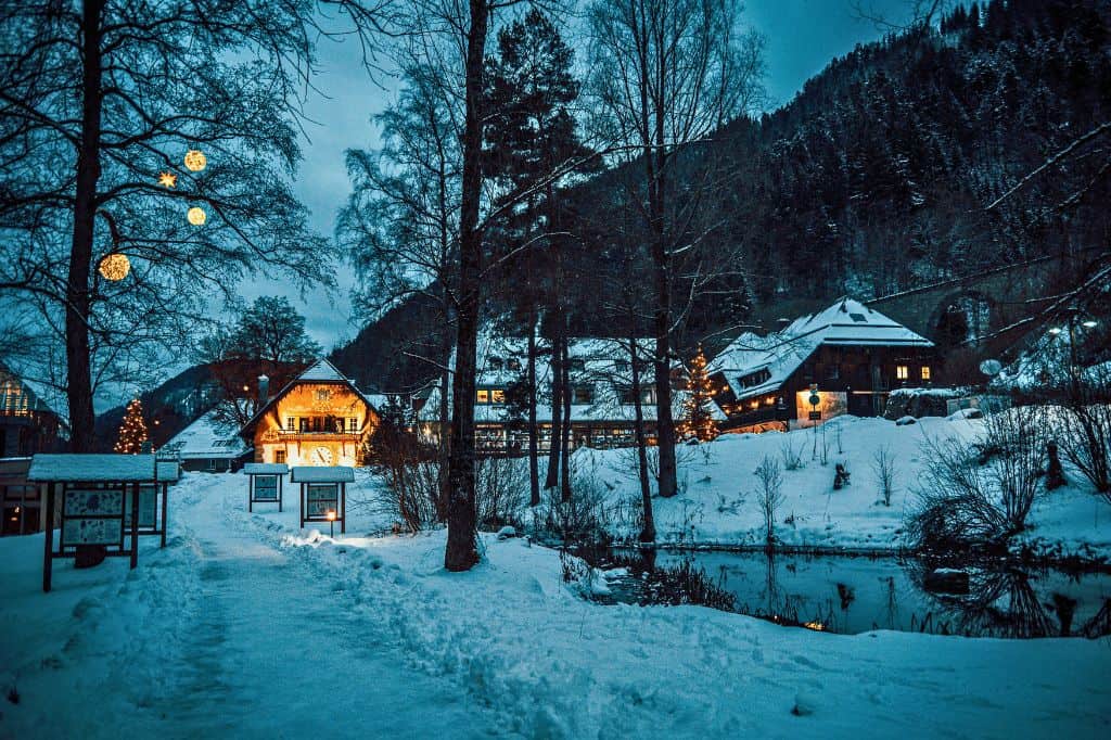 A snow-covered German village in the mountains.